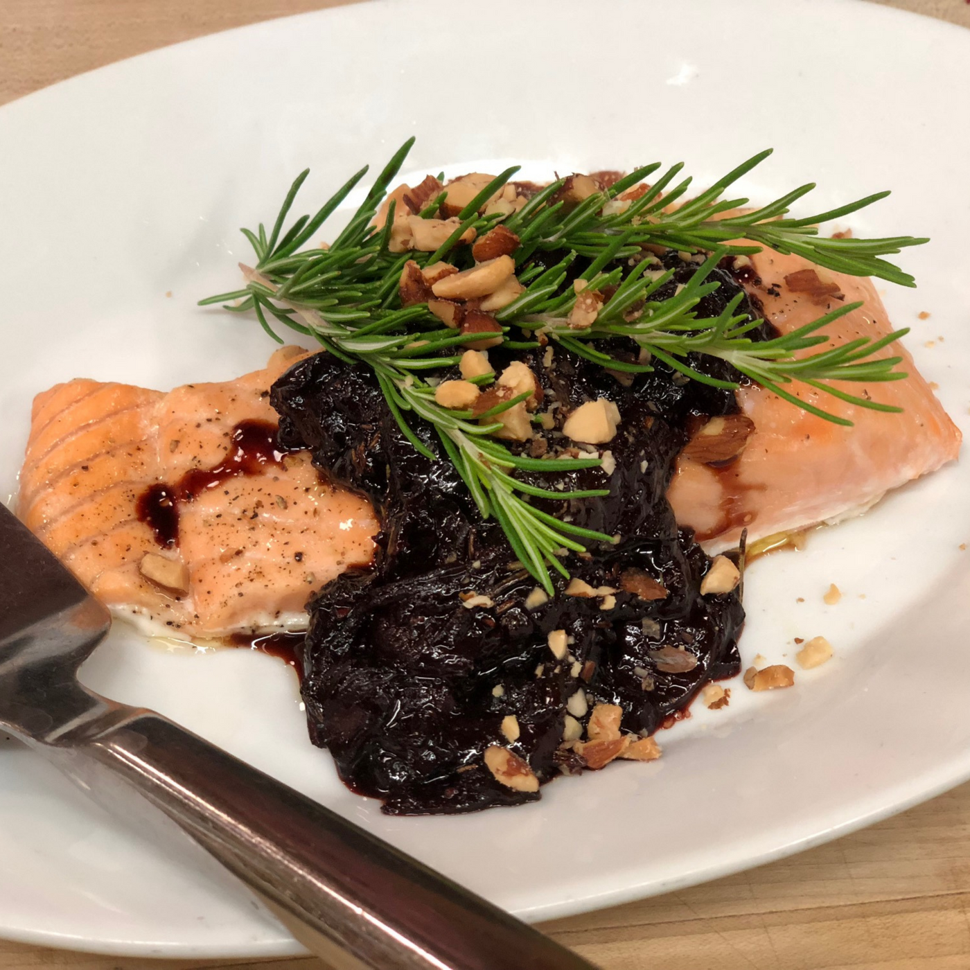 Cedar Plank Roasted Salmon with White Balsamic Cherry Relish and Gremolata: 2 people per meal